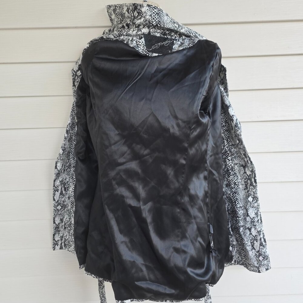 ED HARDY Black White Snake Print Belt Appliqued Rhinestones Trench Coat - Picture 10 of 13